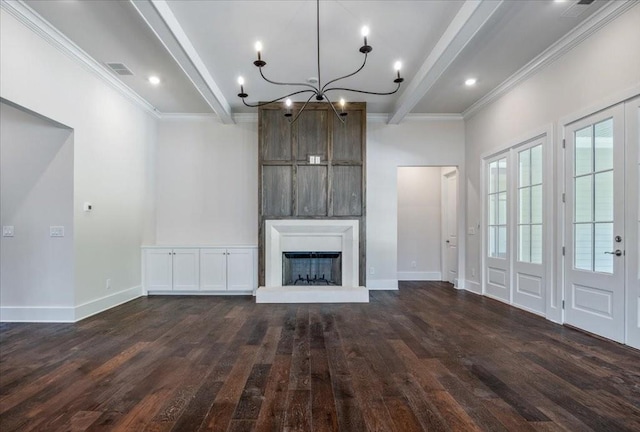 unfurnished living room with dark wood-type flooring, a fireplace, baseboards, ornamental molding, and beam ceiling