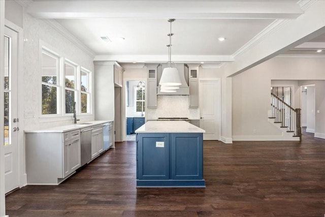 kitchen featuring premium range hood, crown molding, dishwasher, and beamed ceiling