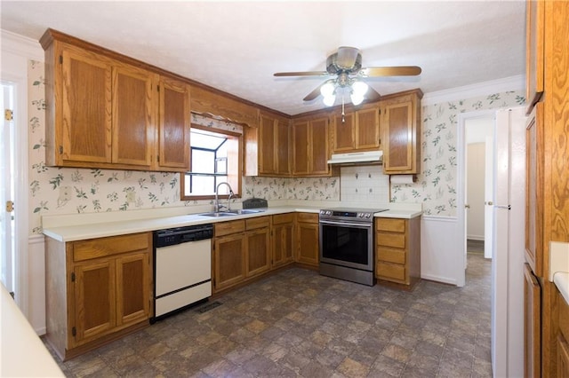 kitchen with ornamental molding, white dishwasher, stainless steel electric range oven, and sink