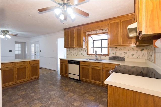 kitchen with ceiling fan, sink, kitchen peninsula, white dishwasher, and crown molding