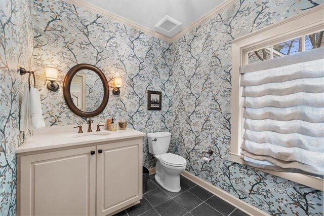 bathroom featuring wallpapered walls, crown molding, toilet, tile patterned floors, and vanity