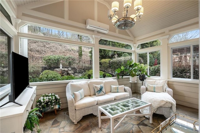 sunroom featuring lofted ceiling, an inviting chandelier, and a wall mounted AC