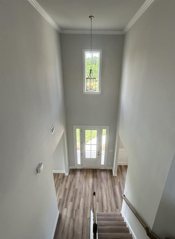 3799 Cheyenne Ln, Jefferson, GA 30549 - foyer with wood finished floors, baseboards, crown molding, and a high ceiling