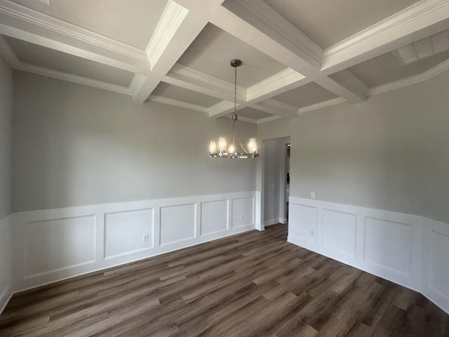 3799 Cheyenne Ln, Jefferson, GA 30549 - unfurnished dining area featuring coffered ceiling, beam ceiling, a chandelier, a decorative wall, and dark wood-style flooring