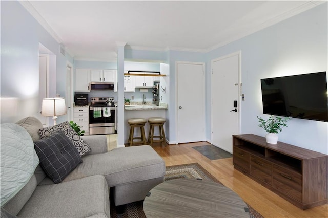 living room with ornamental molding, sink, and light hardwood / wood-style floors