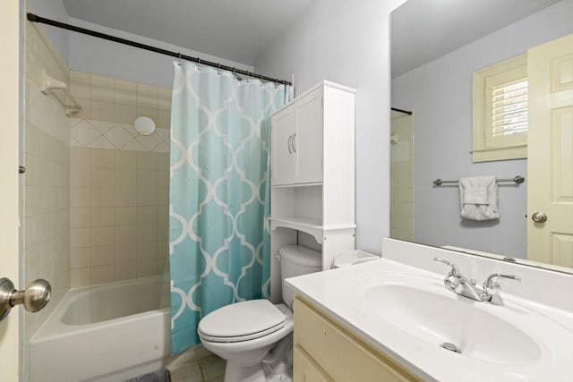 full bath featuring shower / bath combo, tile patterned floors, vanity, and toilet