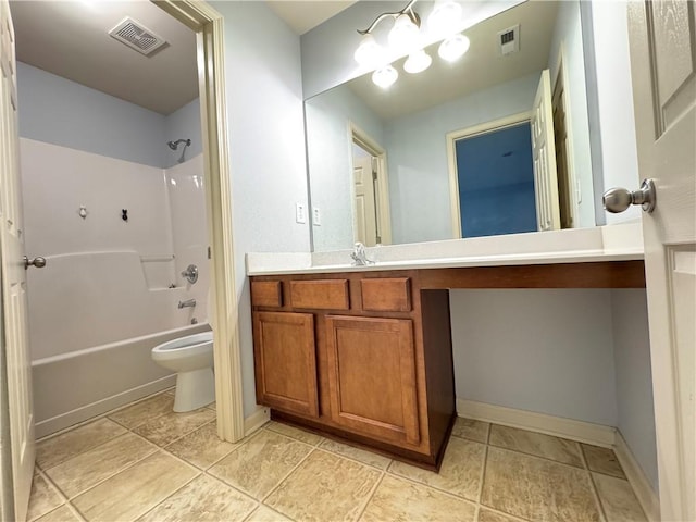 full bathroom with vanity, toilet, tub / shower combination, and visible vents