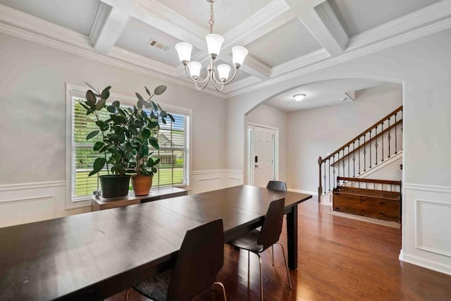 14 Oak Leaf Way, Hamilton, GA 31811 - dining space featuring arched walkways, a chandelier, stairway, coffered ceiling, and dark wood finished floors