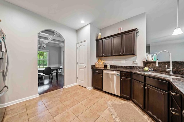 14 Oak Leaf Way, Hamilton, GA 31811 - kitchen featuring stainless steel dishwasher, coffered ceiling, dark brown cabinetry, dark stone counters, and a chandelier