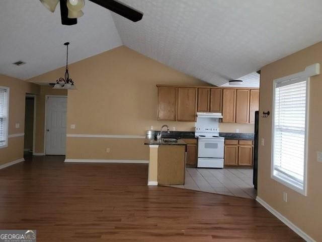 kitchen featuring electric range, wood finished floors, open floor plan, black fridge, and dark countertops