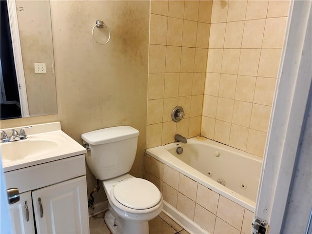 full bath with toilet, a combined bath / shower with jetted tub, and vanity