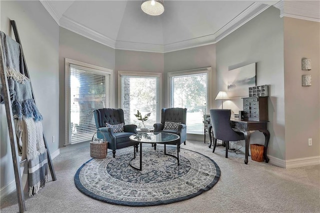 living area with carpet, baseboards, crown molding, and high vaulted ceiling