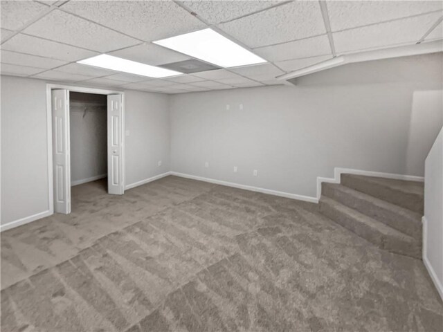 basement featuring a paneled ceiling and carpet