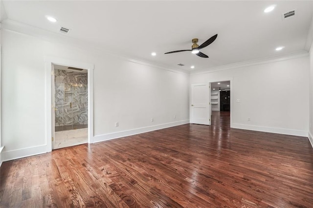 unfurnished living room with ceiling fan, ornamental molding, and dark hardwood / wood-style flooring