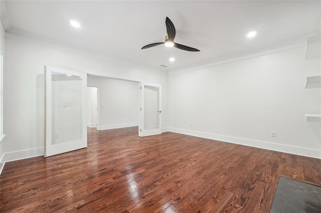 interior space featuring crown molding, ceiling fan, and dark wood-type flooring