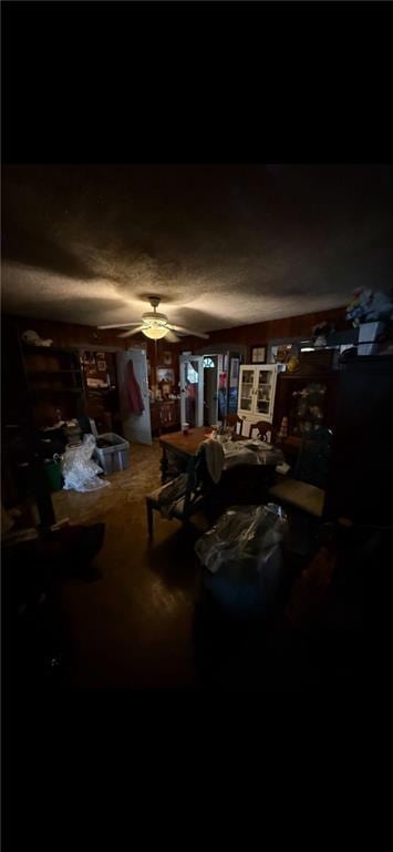living area featuring a ceiling fan
