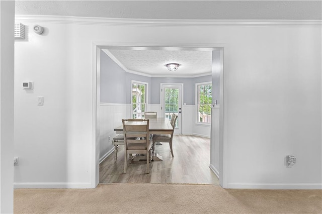 59 Cedar Way, Dallas, GA 30132 - carpeted dining area featuring a textured ceiling, ornamental molding, and baseboards