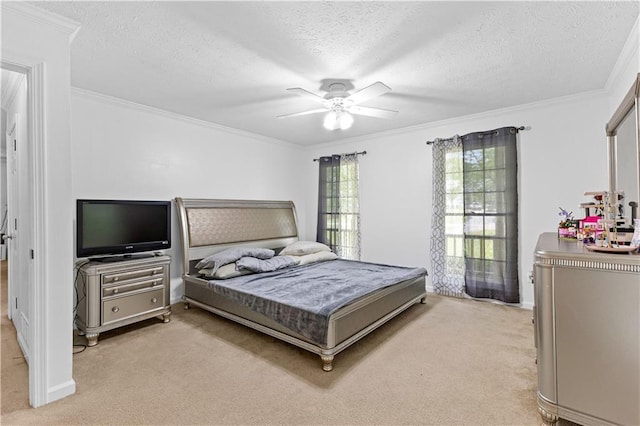 59 Cedar Way, Dallas, GA 30132 - bedroom with ornamental molding, light carpet, a textured ceiling, a ceiling fan, and baseboards