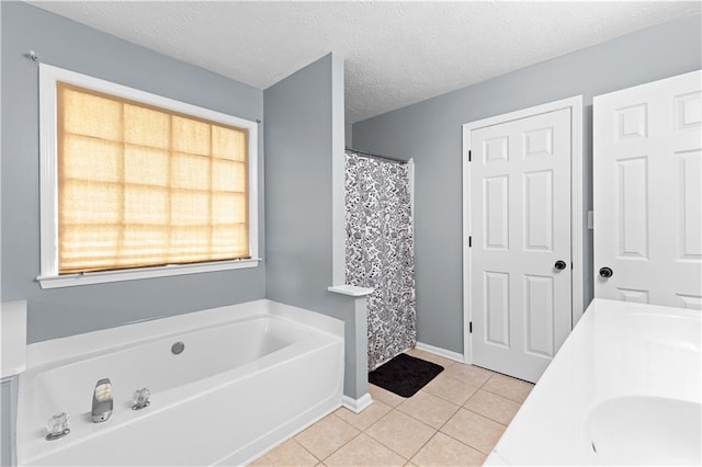 59 Cedar Way, Dallas, GA 30132 - full bath featuring tile patterned flooring, a bath, a textured ceiling, baseboards, and a shower with shower curtain