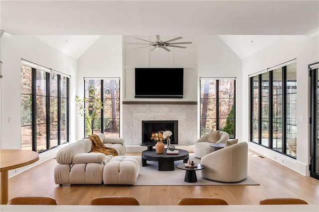 living area featuring a lit fireplace, high vaulted ceiling, and wood finished floors