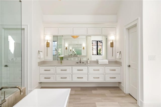 bathroom featuring a freestanding bath, a shower with shower door, vanity, wood finished floors, and baseboards