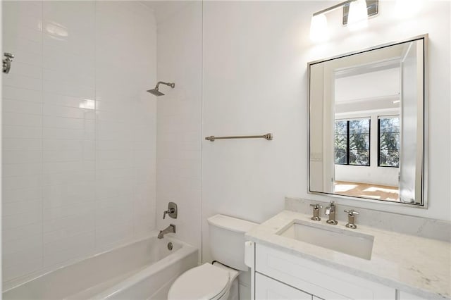 full bathroom with toilet, bathtub / shower combination, and vanity