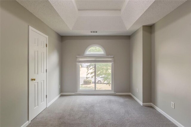 empty room with visible vents, baseboards, a textured ceiling, a tray ceiling, and carpet