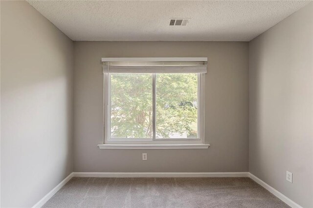 carpeted spare room featuring baseboards, visible vents, a textured ceiling, and a wealth of natural light