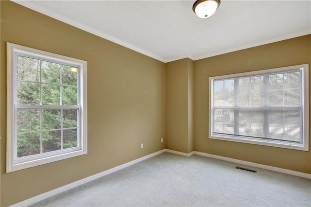 carpeted empty room with ornamental molding