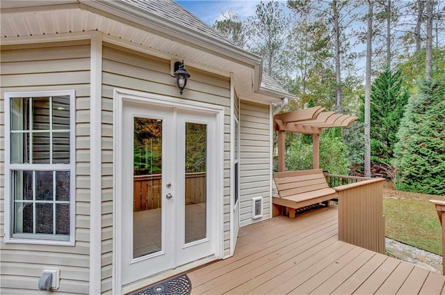 wooden terrace featuring french doors