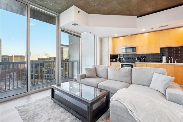 living room with sink, light hardwood / wood-style floors, and a wall of windows