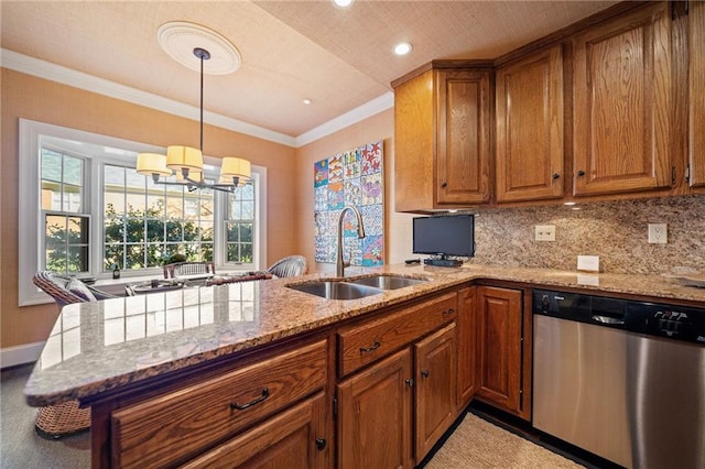 kitchen with sink, light stone countertops, kitchen peninsula, and dishwasher