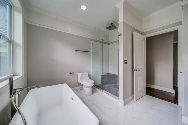 bathroom with plenty of natural light, toilet, crown molding, and shower with separate bathtub