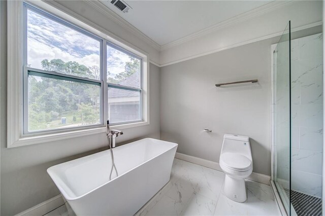 bathroom with shower with separate bathtub, toilet, plenty of natural light, and ornamental molding