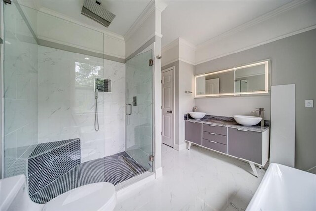 bathroom with vanity, walk in shower, and crown molding