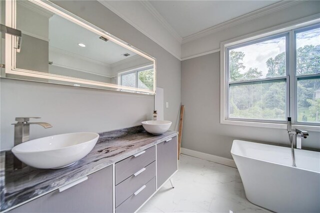 bathroom featuring vanity, plenty of natural light, and a tub