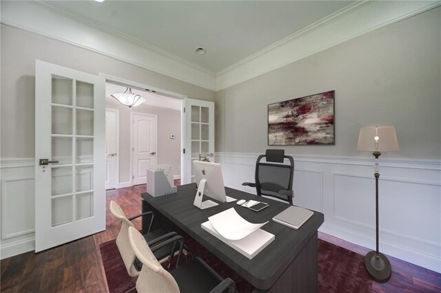 office area with french doors, ornamental molding, and dark wood-type flooring