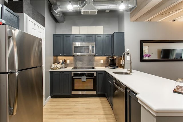 kitchen featuring light countertops, visible vents, decorative backsplash, appliances with stainless steel finishes, and a sink