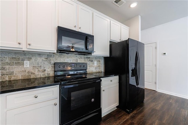 8475 Douglass Trl, Jonesboro, GA 30236 - kitchen featuring visible vents, dark wood-style floors, white cabinetry, black appliances, and backsplash
