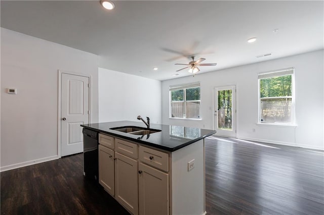 8475 Douglass Trl, Jonesboro, GA 30236 - kitchen with black dishwasher, open floor plan, ceiling fan, a wealth of natural light, and dark wood-style floors