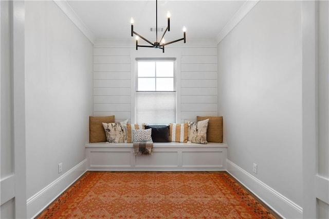 unfurnished room featuring a chandelier, baseboards, and ornamental molding