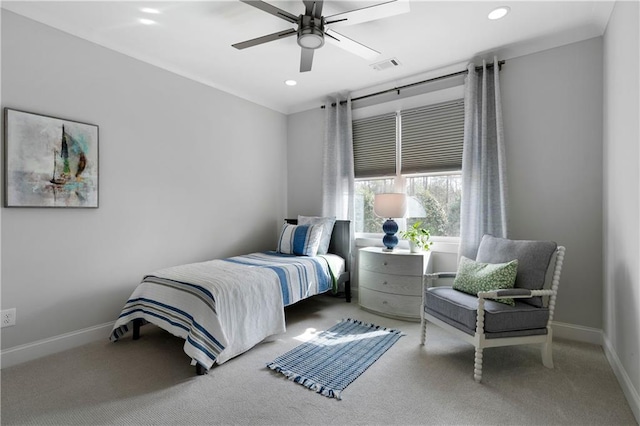 carpeted bedroom featuring recessed lighting, baseboards, visible vents, and ceiling fan