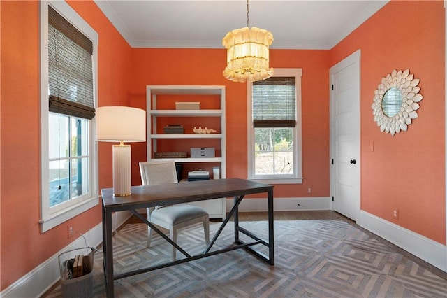 office area with a notable chandelier, baseboards, and plenty of natural light