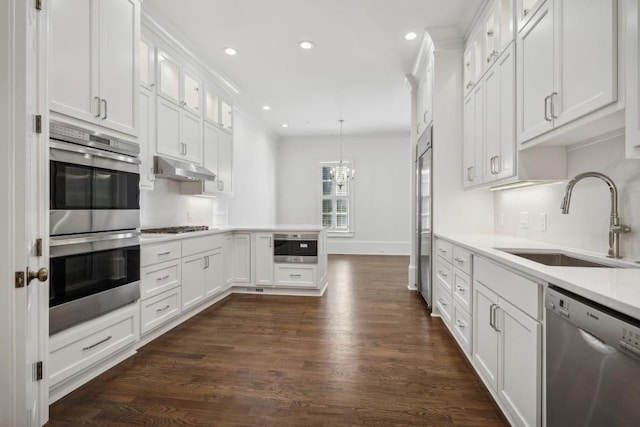 kitchen with pendant lighting, sink, appliances with stainless steel finishes, dark hardwood / wood-style floors, and white cabinets