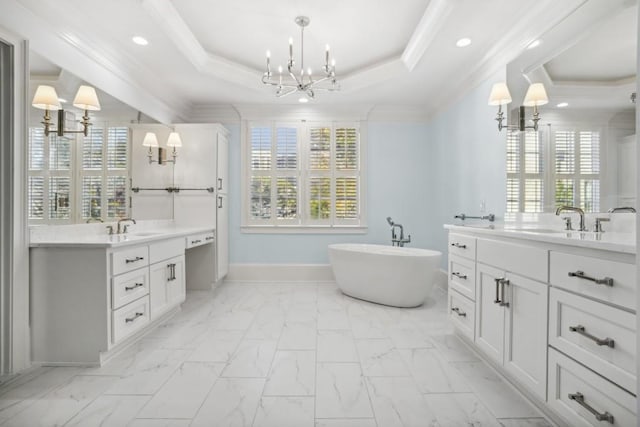 bathroom featuring crown molding, plenty of natural light, and a tray ceiling