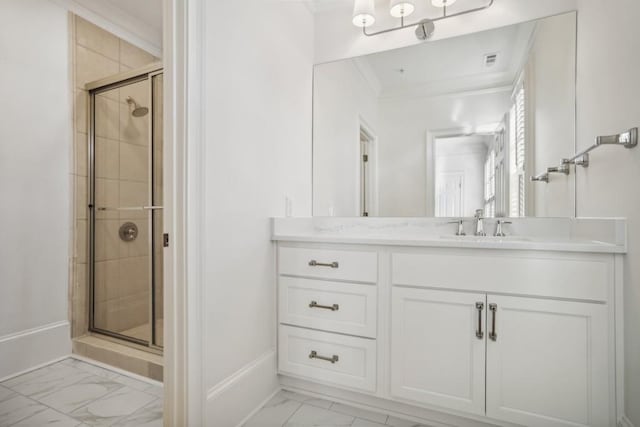 bathroom with a shower with door, ornamental molding, and vanity