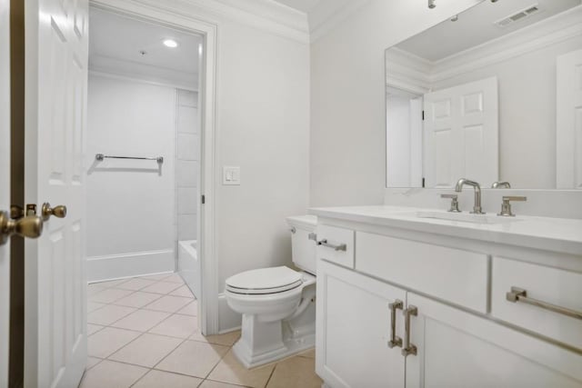 full bathroom featuring washtub / shower combination, tile patterned floors, toilet, crown molding, and vanity