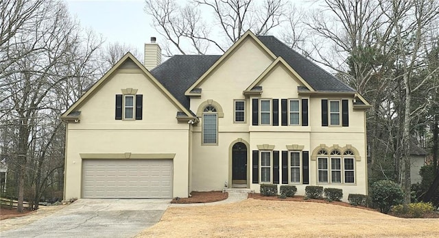 view of front of property with roof with shingles, an attached garage, stucco siding, a chimney, and concrete driveway