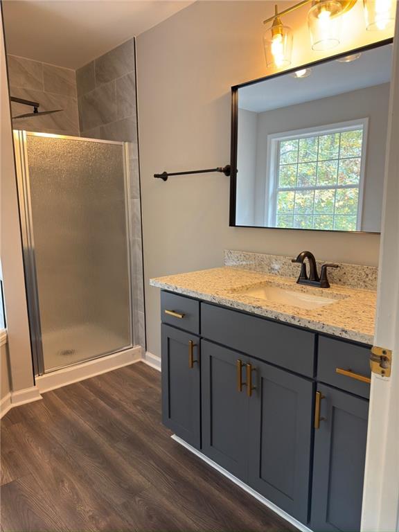 bathroom featuring walk in shower, hardwood / wood-style floors, and vanity