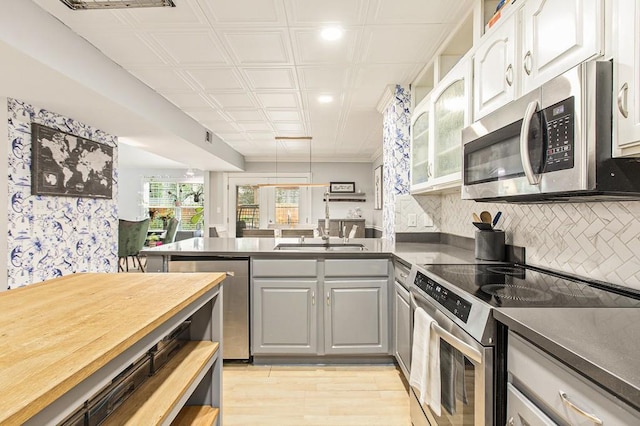 114 Emily Ln, Alpharetta, GA 30009 - kitchen featuring stainless steel appliances, a peninsula, an ornate ceiling, gray cabinets, and a sink